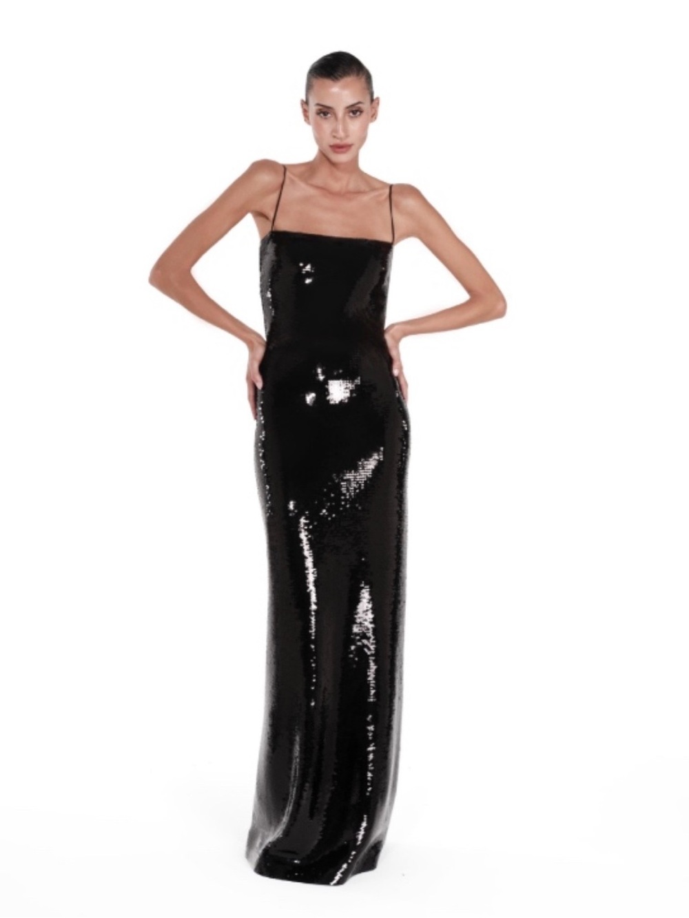 NUE STUDIO BAR Black Sequin Slip Gown with Spaghetti Straps